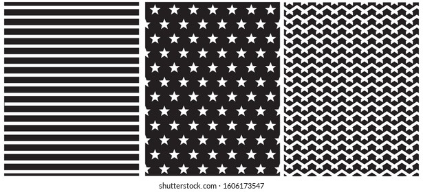 Seamless Geometric Vector Patterns. White Stars, Stripes and Chevron Isolated on a Black Background. Simple Abstract Monochrome Vector Print for Fabric, Textile, Wrapping Paper.