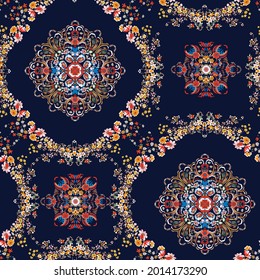 seamless geometric vector red blue flower pattern on navy background