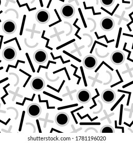 Seamless geometric vintage pattern in retro 80s style on the white background. Memphis style. Can be used in textiles, fashion, clothes, paper print and website backdrop.