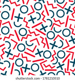Seamless geometric vintage pattern in retro 80s style on the white background. Memphis style. Can be used in textiles, fashion, clothes, paper print and website backdrop.