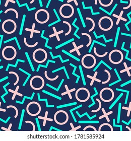Seamless geometric vintage pattern in retro 80s style on the white background. Memphis style. Can be used in textiles, fashion, clothes, paper print and website backdrop.