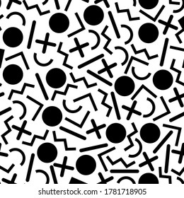 Seamless geometric vintage pattern in retro 80s style on the white background. Memphis style. Can be used in textiles, fashion, clothes, paper print and website backdrop.