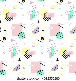 Seamless geometric vintage pattern in retro 80s style, memphis. Ideal for fabric design, paper print and website backdrop. EPS10 vector file.