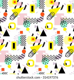 Seamless geometric vintage pattern in retro 80s style, memphis. Ideal for fabric design, paper print and website backdrop. EPS10 vector file.