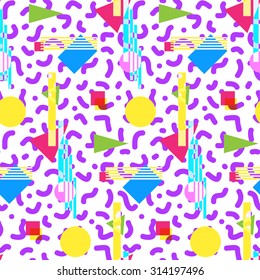 Seamless geometric vintage pattern in retro 80s style, memphis. Ideal for fabric design, paper print and website backdrop. EPS10 vector file.