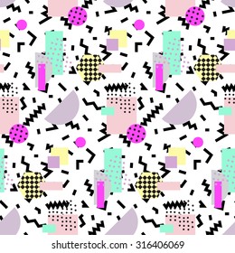 Seamless geometric vintage pattern in retro 80s style, memphis. Ideal for fabric design, paper print and website backdrop. EPS10 vector file.