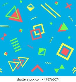 Seamless geometric vintage pattern in retro 80s style on the blue background. Memphis style. Can be used in textiles, fashion, clothes, paper print and website backdrop.