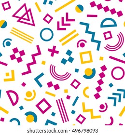 Seamless geometric vintage pattern in retro 80s style on white background. Memphis style. Can be used in textiles, fashion, clothes, paper print and website backdrop.