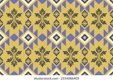Seamless geometric violet triangle shape ethnic Asian tradition black floral damask pattern on yellow  background. Silk and fabric pattern decoration for Thai clothing and wrapping and wallpaper