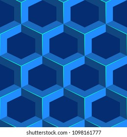 Seamless geometric volumetric pattern. Blue isometric honeycomb background. Vector illustration
