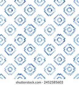 Seamless geometric watercolor pattern. White and blue textile print. Handwork with paints on paper. Grunge texture.