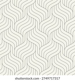 Seamless geometric wave pattern with thin interlaced lines forming a linear woven grid. Modern monochrome background featuring a subtle ripple effect and rhythmic structure. Elegant repeating vector.