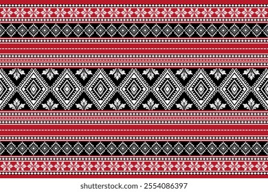 Seamless geometric white triangle shape ethnic Asian tradition and  floral damask pattern on black and red  background. Silk and fabric pattern decoration for Thai clothing and wrapping and wallpaper