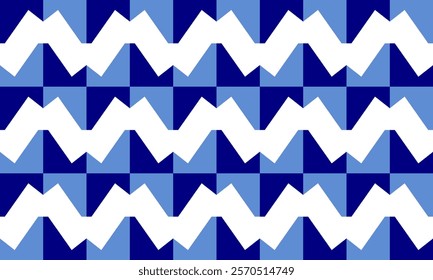 Seamless geometric white zigzag horizontal line pattern on two tone blue checkerboard, chessboard seamless Repeat seamless pattern design for fabric print or background, blue column strip