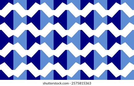 Seamless geometric white zigzag horizontal line pattern on two tone blue column, seamless Repeat seamless pattern design for fabric print or background, blue column strip