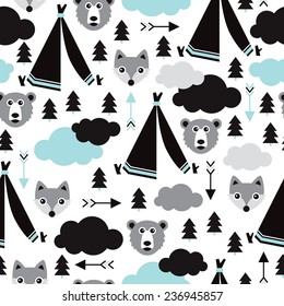 Seamless geometric winter woodland animals illustration teepee tent arrows and clouds background pattern in vector