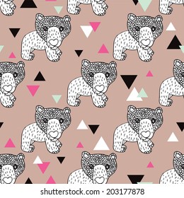 Seamless geometric woodland animal doodle sketch illustration grizzly bear background pattern in vector
