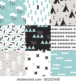 Seamless Geometric Woodland Scandinavian Abstract Teepee Tent Plus Sign Cross Confetti Arrows And Mountains Illustration Background Set Pattern In Vector