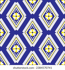 Seamless geometric woven fabric pattern with flowers.
Blue background, designed for garment, tile, clothing, textile, carpet, cloth bag.