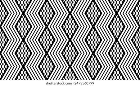 Seamless Geometric Zigzag and Diamonds Black and White Pattern. Vector Art.