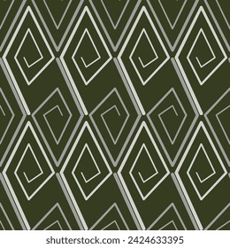 Seamless geometric zigzag pattern with rhombuses. Green stilized ethnic ornament vector illustration. Grey spirals curl on green background. For printing wallpaper, scrapbooking papers, textile.