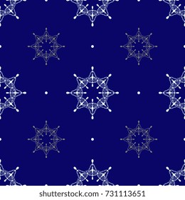 Seamless geometrical abstract pattern with beautiful silhouetted snowflakes or stars and polka dots on dark background.
