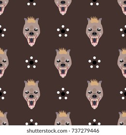 Seamless geometrical abstract pattern with cartoon style hyena faces and polka dot daisy flowers.