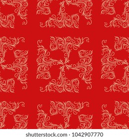 Seamless geometrical abstract pattern with delicate floral square mandalas. Based on medieval motif. Beige silhouettes on red background.