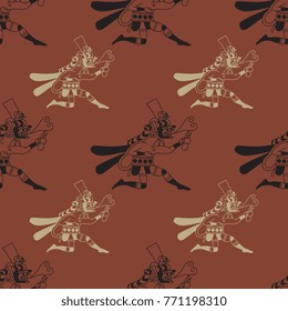 Seamless geometrical abstract pattern with ethnic motifs. Mythological creature. Silhouettes of running anthropomorphic coyotes. Based on ancient Peruvian art of Mochica Indians. Moche culture of Peru