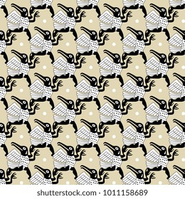 Seamless geometrical abstract pattern with fantastic bird man creatures. Based on folk art of Moche Indians, ancient Peru.