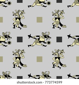 Seamless geometrical abstract pattern with fantastic warrior deer and square shapes. Based on ancient Mochica art of Peruvian Indians.