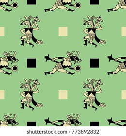 Seamless geometrical abstract pattern with fantastic warrior deer and square shapes. Based on ancient Mochica art of Peruvian Indians.