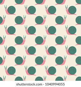 Seamless geometrical abstract pattern with funny fantastic female snails with maze shells. Cartoon style.