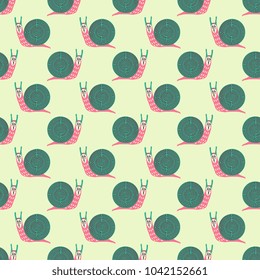 Seamless geometrical abstract pattern with funny fantastic female snails with maze shells. Cartoon style.
