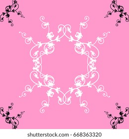 Seamless geometrical abstract pattern with intricate floral vignette. Baroque style. Black and white silhouettes on a pink background.
