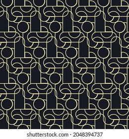 Seamless geometrical abstract pattern. Light gold on dark background.Smooth lines and circles. Complicated lines and shapes.