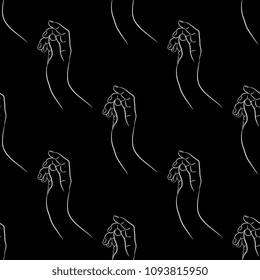 Seamless geometrical abstract pattern with linear silhouettes of human  hand. Blessing gesture. Hand drawn white outlines on black background.