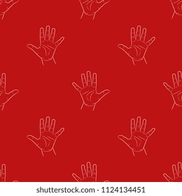 Seamless geometrical abstract pattern with linear silhouettes of human palm with open fingers. 