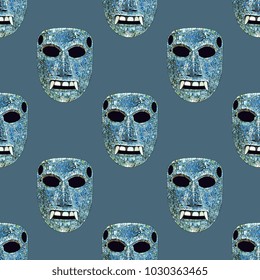 Seamless geometrical abstract pattern with Mixtec Indians turquoise mosaic masks. Pre-Columbian Mexican art.
