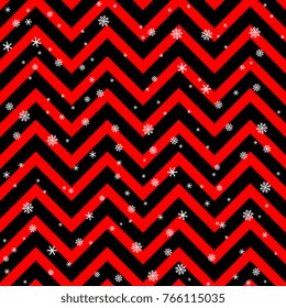 Seamless geometrical abstract pattern with red and black chevrons and snowflakes.