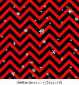 Seamless geometrical abstract pattern with red and black zigzag lines and snowflakes.