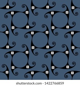 Seamless geometrical abstract pattern with round, square and spiral motifs.