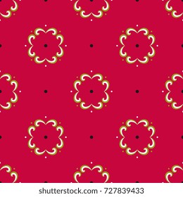 Seamless geometrical abstract pattern with round floral vignettes and polka dots. Traditional retro style.