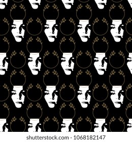 Seamless geometrical abstract pattern with silhouetted black and white female faces and gold floral wreaths.