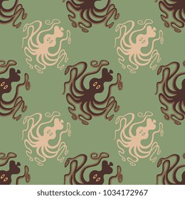 Seamless geometrical abstract pattern with silhouettes of stylized octopuses. Based on ancient Minoan folk motif.
