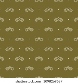 Seamless geometrical abstract pattern with small curved vignettes and dots. Art Nouveau style. White silhouettes on gold background.