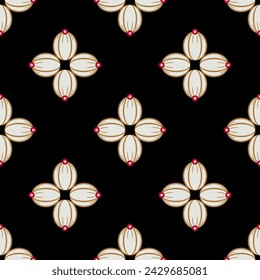 Seamless geometrical abstract pattern with square cross shape motifs. On black background.