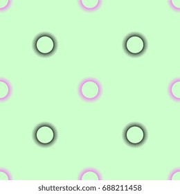 Seamless geometrical abstract pattern with stylized solar signs. Delicate pink and black round symbols on light green background.