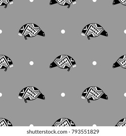 Seamless geometrical abstract pattern with stylized birds and polka dots. Based on folk art of Native American Mogollon Indians. Mimbres pottery style.