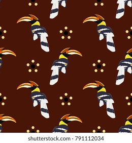 Seamless geometrical abstract pattern with tropical toucan birds and simple dotted daisies.